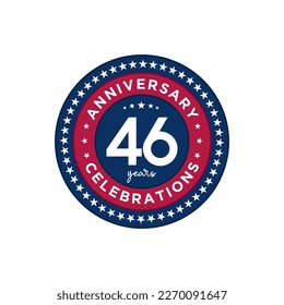 46 years anniversary. Anniversary template design, red and blue colors with stars, design for event, invitation card, greeting card, banner, poster, flyer, book cover and print. Vector Eps10