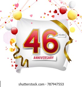 46 years anniversary vector illustration, banner, flyer, logo, icon, symbol. Graphic design element with flag, balloon, ribbon, confetty. Birthday greeting, event celebration