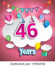 46 Years Birthday Design for greeting cards and poster, with clouds and gift box, balloons. using Paper Art Design Style. vector elements for anniversary celebration.