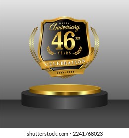 46 years gold anniversary celebration logo with 3d golden cylinder podium , isolated on grey background