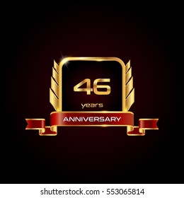 46 years gold anniversary celebration square logo with red ribbon  , isolated on dark background