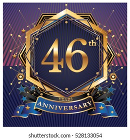 46 years golden anniversary logo celebration with ring and ribbon.