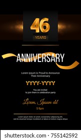 46 Years Golden Anniversary Logo Celebration and Invitation Card with gold ribbon Isolated on Dark  Background