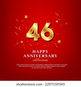 46 years of golden numbers, anniversary celebrating text, ad anniversary congratulation text with golden confetti spread on a red background
