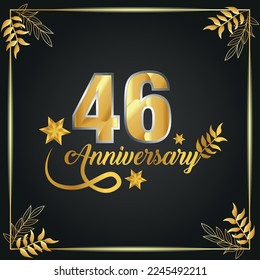 46 years old luxurious logo. anniversary year of vector gold colored template framed of palms.
