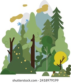 Ilustración de un bosque vivo con árboles, arbustos y montañas en el fondo.