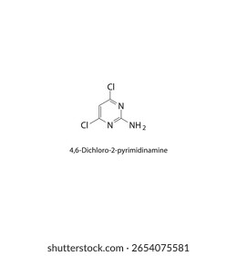 4,6-Dichloro-2-pyrimidinamine skeletal structure. halogen pyrimidine compound schematic illustration. Simple diagram, chemical formula.