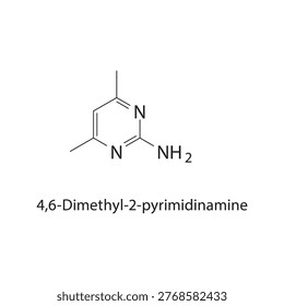4,6-Dimethyl-2-pyrimidin amine skeletal structure. amine compound schematic illustration. Simple diagram, chemical formula.