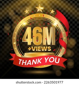 46M+ Views Logotype with Gold and red Confetti Isolated on Black Background(PNG), Vector design for video display celebration.