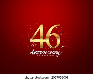 46. Jubiläum Hintergrund mit 3D-Nummer-Illustration goldene Zahlen und Jubiläum Feierungstext mit goldenem Konfetti auf rotem Hintergrund.