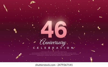 46th Anniversary celebration, 46 Anniversary celebration, Dark purple background, festive illustration,Realistic 3d sign, stars, Pink number with red ribbon 46 sparkling confetti, 46,47
