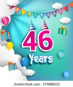 46th Anniversary Celebration Design, with clouds and balloons. using Paper Art Design Style, Vector template elements for your, forty six years birthday celebration party.