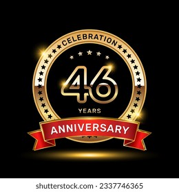 46th anniversary celebration logo design with golden color emblem style and red ribbon, vector template