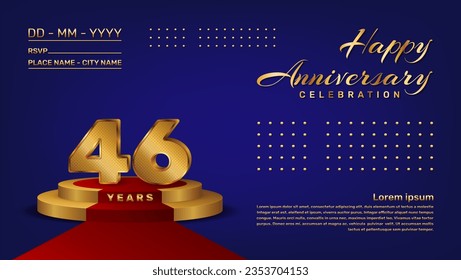 Plantilla vectorial de celebración del 46º aniversario con estilo de números 3D y etapa dorada, plantilla vectorial