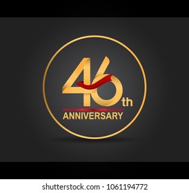 46th anniversary design golden color with ring and red ribbon isolated on black background for celebration