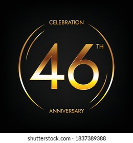 46th anniversary. Forty-six years birthday celebration banner in bright golden color. Circular logo with elegant number design.