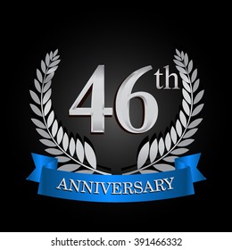 46th anniversary logo with blue ribbon and laurel wreath, vector template for birthday celebration.