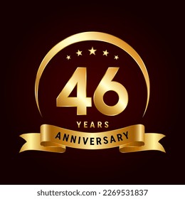 46th Anniversary logo design with golden ribbon. Logo Vector Template Illustration