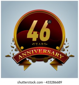 46th anniversary logo with gold circle badge. Anniversary signs illustration. Gold colors anniversary logo with circle ring