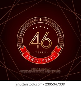 46th anniversary logo with golden laurel wreath and double line numbers, logo design for anniversary celebration event, double line style vector design