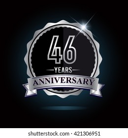 46th anniversary logo with ribbon and silver shiny badge, vector design for birthday celebration