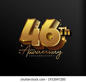 46th Anniversary Logotype with Gold Confetti Isolated on Black Background, Vector Design for Greeting Card and Invitation Card