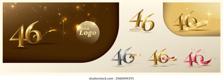 Logotipo de 46 aniversario número de oro moderno con cinta brillante. Número de logotipo alternativo Celebración de aniversario de oro