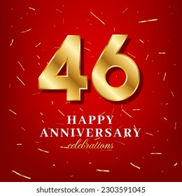 46th anniversary vector template with a golden number and golden confetti spread on a red background