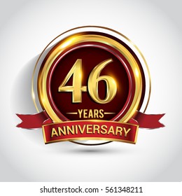 46th golden anniversary logo, fourty six years birthday celebration with ring and red ribbon isolated on white background