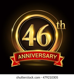 46th golden anniversary logo with ring and ribbon. Vector design template elements for your birthday celebration.