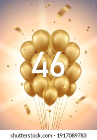 46. Jubiläum Feierlichkeiten Hintergrund. Goldene Ballons und Konfetti mit Sonnenliegen im Hintergrund.