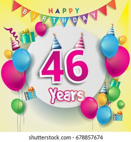 46th years Anniversary Celebration, birthday card or greeting card design with gift box and balloons, Colorful vector elements for the celebration party of forty six years anniversary.