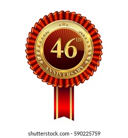 46th years anniversary golden badge with red ribbons isolated on white background, vector design for greeting card, banner and invitation card.