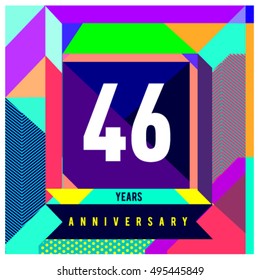 46th years greeting card anniversary with colorful number and frame. logo and icon with Memphis style cover and design template