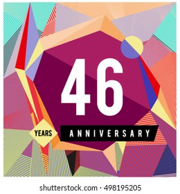 46th years greeting card anniversary with colorful number and frame. logo and icon with Memphis style cover and design template