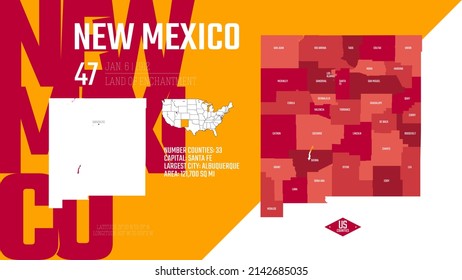 47 Of 50 States Of The United States, Divided Into Counties With Territory Nicknames, Detailed Vector New Mexico Map With Name And Date Admitted To The Union, Travel Poster And Postcard