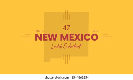 47 of 50 states of the United States with a name, nickname, and date admitted to the Union, Detailed Vector New Mexico Map for printing posters, postcards and t-shirts