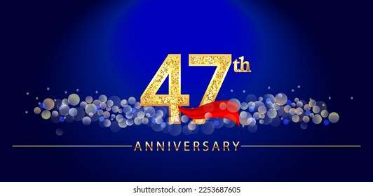 47 anniversary celebration. 47th anniversary celebration. 47 year anniversary celebration logo with glitter, confetti, red ribbon and blue background.