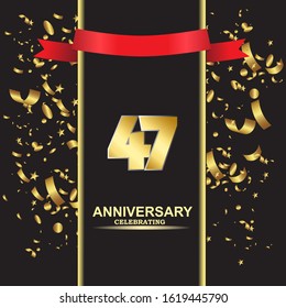 47 anniversary logo with confetti golden colored and red ribbon isolated on black background, vector design for greeting card and invitation card