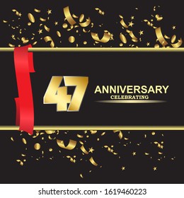 47 anniversary logo with confetti golden colored and red ribbon isolated on black background, vector design for greeting card and invitation card