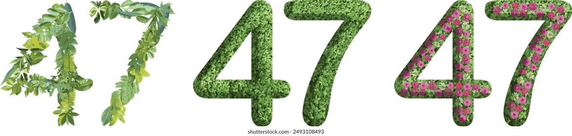 47, design made from green grass, leaves and flower, .suitable for birthday, anniversary and memorial day templates, go green concept	
