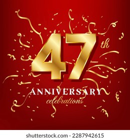 47 golden numbers and anniversary celebrating text with golden confetti spread on a red background
