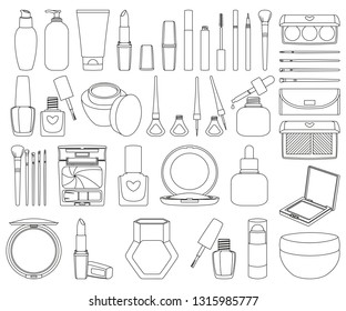 47 line art black and white cosmetic elements. St valentine gift for woman. Beauty themed vector illustration for stamp, label, certificate, badge, brochure, card, poster, coupon or banner decoration