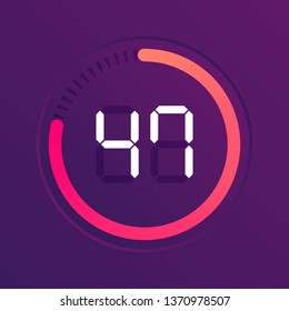 The 47 minutes, stopwatch vector icon, digital timer. Vector digital count down circle board with circle time pie diagram. Watch outline style design, designed for web and app.