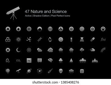 47 Nature and Science Pixel Perfect Icons (Filled Style Shadow Edition). Vector icons for nature, science, space, biology, and medical research. 