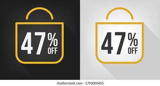 47% off. Black, white and yellow banner with forty-seven percent discount. Shopping bag concept vector.