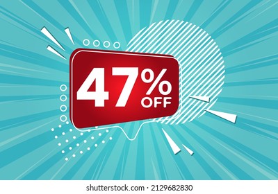 47% off. Blue banner with 47 percent discount on a red balloon for mega big sales.  