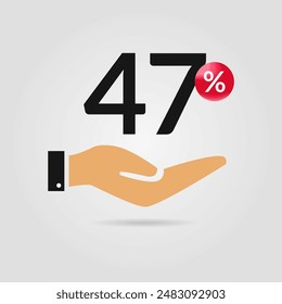 47% off promotion. Forty seven percent of discount with hand icon. Sale symbol. Discount creative composition. Vector illustration.