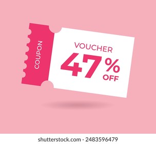 47% off Sale Voucher Coupon. Forty seven percent promotion illustration. Tag label, sale banner with discount coupon. Pink Vector gift voucher.