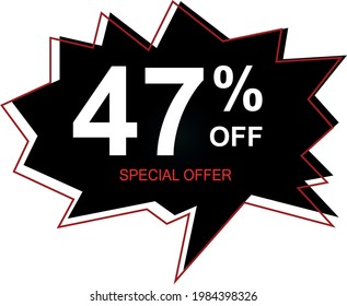 47% off special offer. Banner with forty-seven percent discount on a black and red balloon.